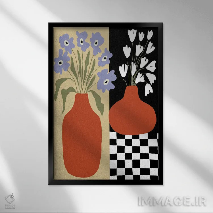 تابلو مدرن سفال گل دار شب و روز اثر استودیو هنری میهو - نمای قابدار مشکی