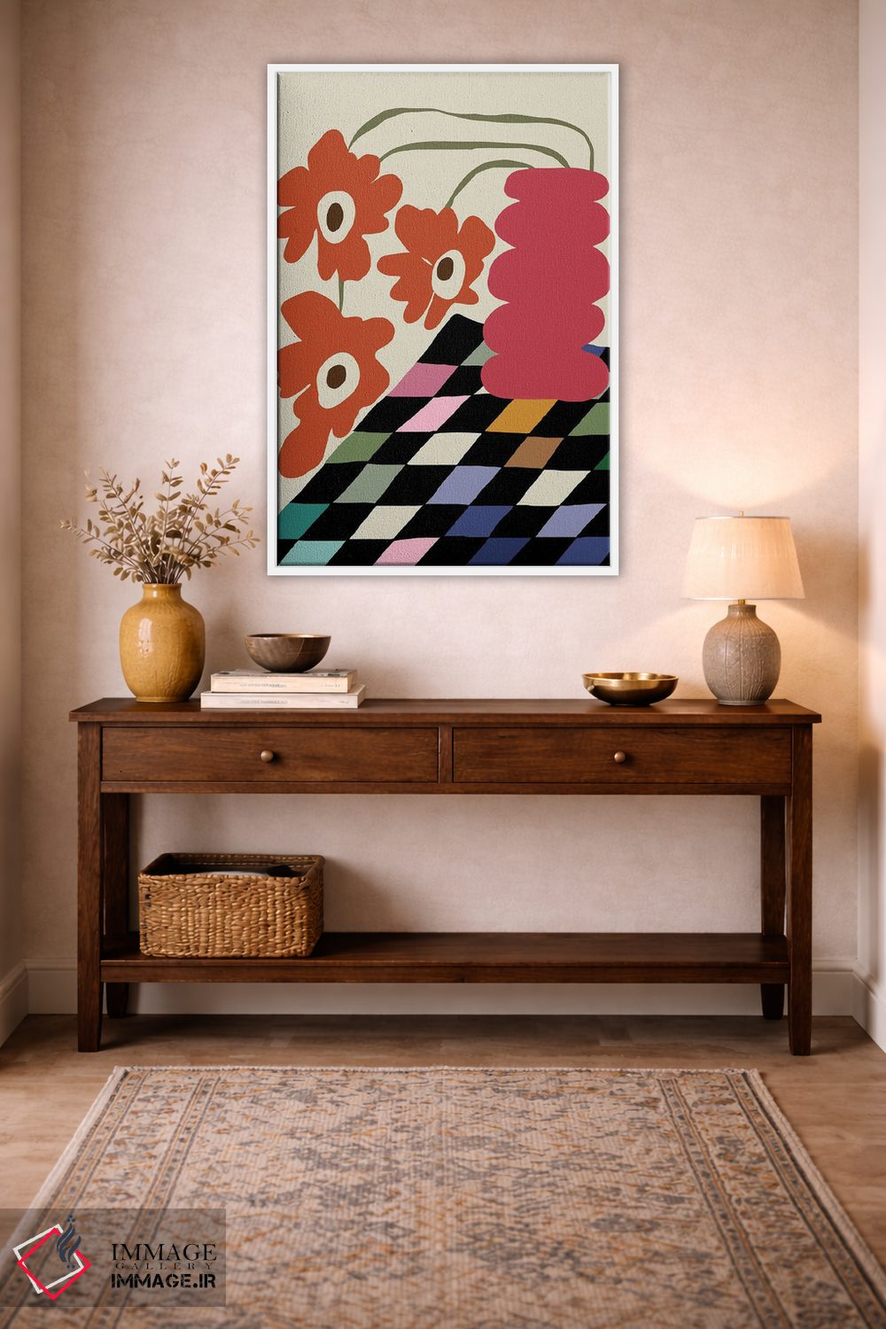 تابلو مدرن شطرنجی رنگی با گل افتاده اثر استودیو هنری میهو - D1W