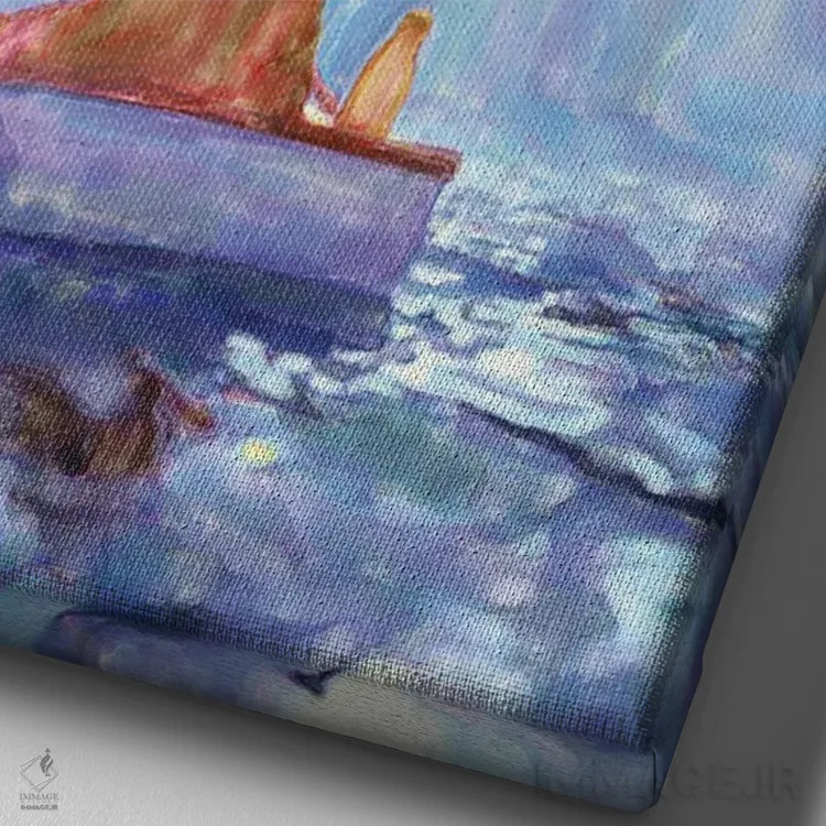 تابلو دکوراتیو یک فیل و یک سگ در قایقی در باران شناورند ۱ اثر مایک کیف - نمای نزدیک بافت بوم