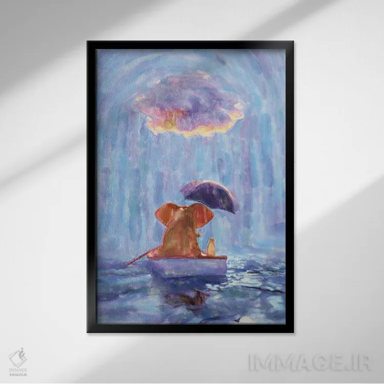 تابلو دکوراتیو یک فیل و یک سگ در قایقی در باران شناورند ۱ اثر مایک کیف - نمای قابدار مشکی