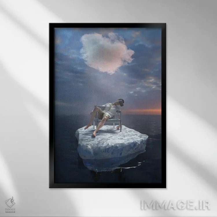 تابلو دکوراتیو جوانی با عینک واقعیت مجازی دریا را می پیماید اثر مایک کیف - نمای قابدار مشکی