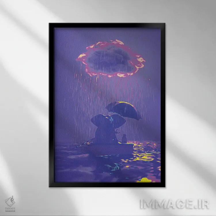 تابلو دکوراتیو یک فیل و یک سگ در قایقی در باران شناورند ۴ اثر مایک کیف - نمای قابدار مشکی