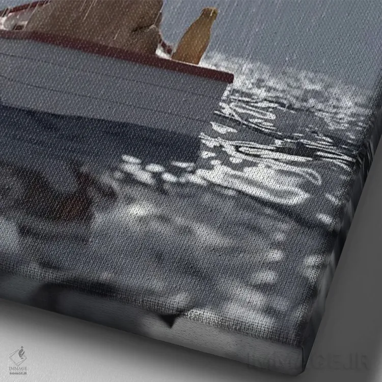 تابلو دکوراتیو یک فیل و یک سگ در قایقی در باران شناورند اثر مایک کیف - نمای نزدیک بافت بوم