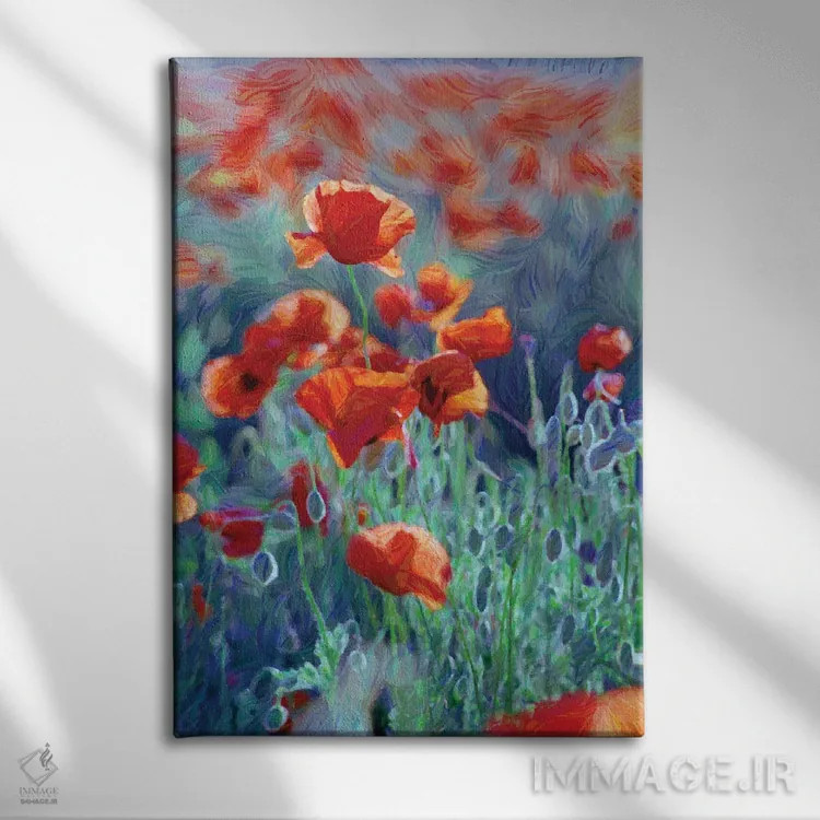 تابلو دکوراتیو مزرعه شقایق های قرمز، نقاشی دیجیتال اثر مایک کیف - نمای روبهرو روی دیوار