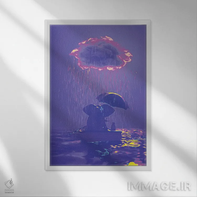 تابلو دکوراتیو یک فیل و یک سگ در قایقی در باران شناورند ۴ اثر مایک کیف - نمای قابدار سفید