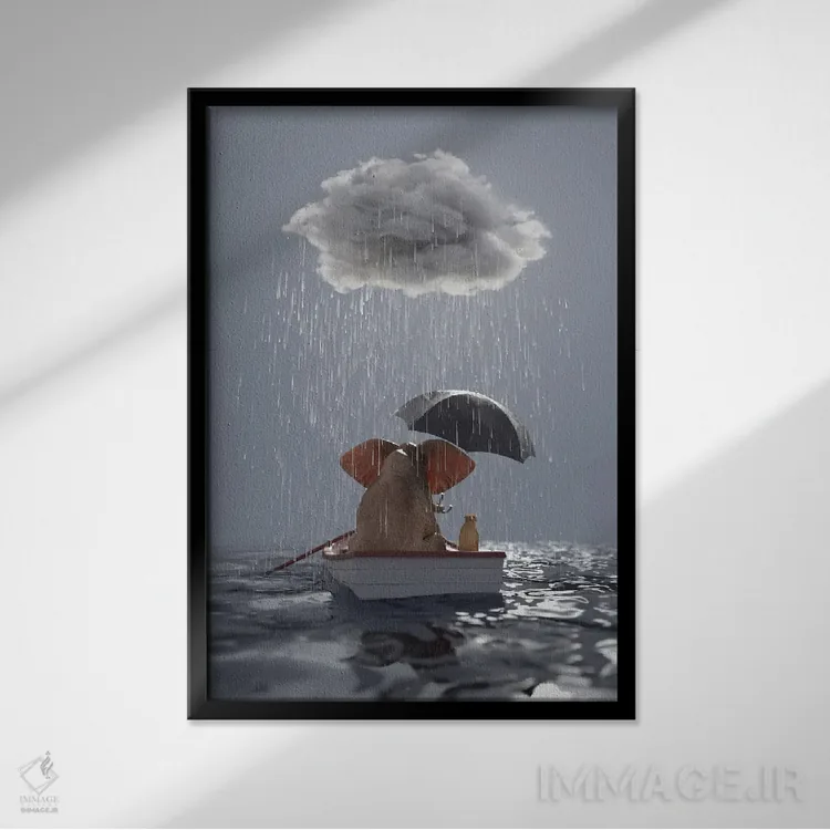 تابلو دکوراتیو یک فیل و یک سگ در قایقی در باران شناورند اثر مایک کیف - نمای قابدار مشکی