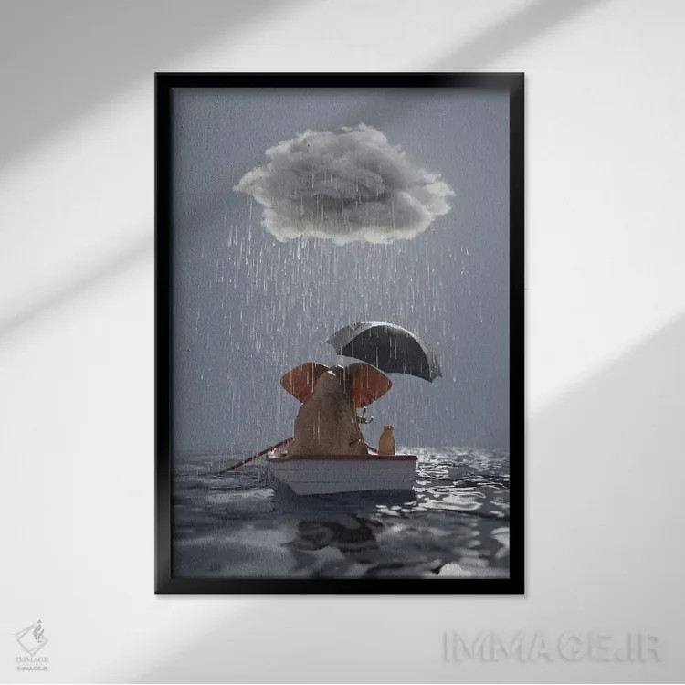 تابلو دکوراتیو یک فیل و یک سگ در قایقی در باران شناورند اثر مایک کیف - نمای قابدار مشکی