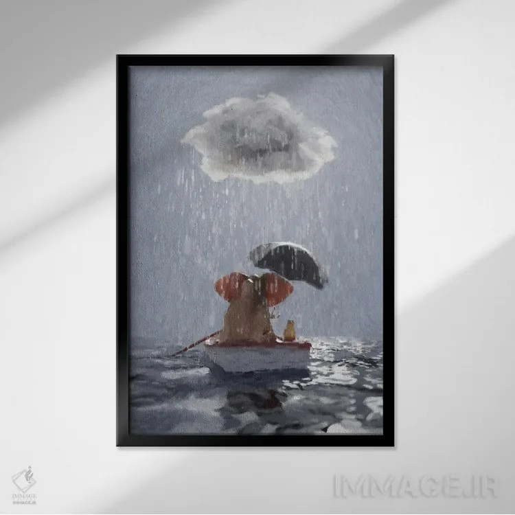 تابلو دکوراتیو یک فیل و یک سگ در قایقی در باران شناورند ۳ اثر مایک کیف - نمای قابدار مشکی