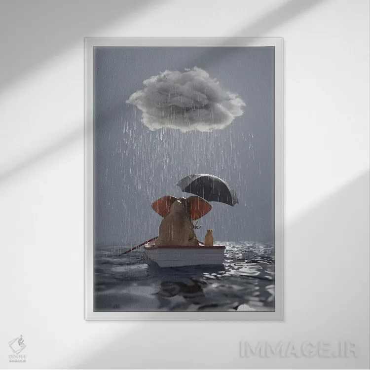 تابلو دکوراتیو یک فیل و یک سگ در قایقی در باران شناورند اثر مایک کیف - نمای قابدار سفید