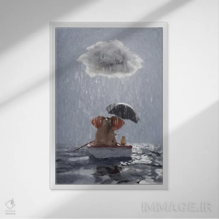 تابلو دکوراتیو یک فیل و یک سگ در قایقی در باران شناورند ۳ اثر مایک کیف - نمای قابدار سفید