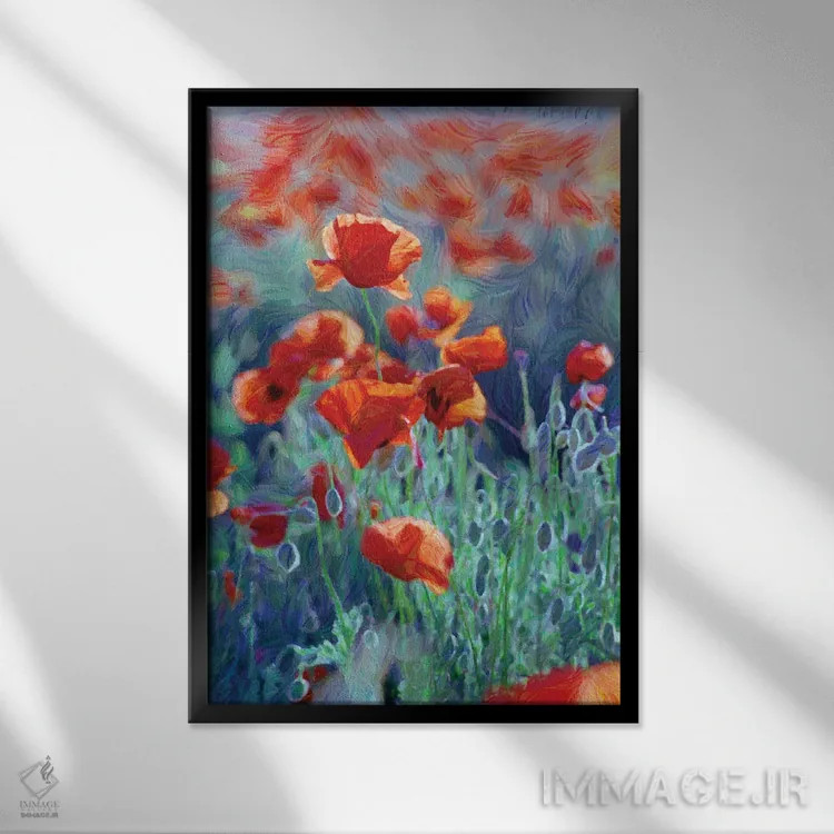 تابلو دکوراتیو مزرعه شقایق های قرمز، نقاشی دیجیتال اثر مایک کیف - نمای قابدار مشکی