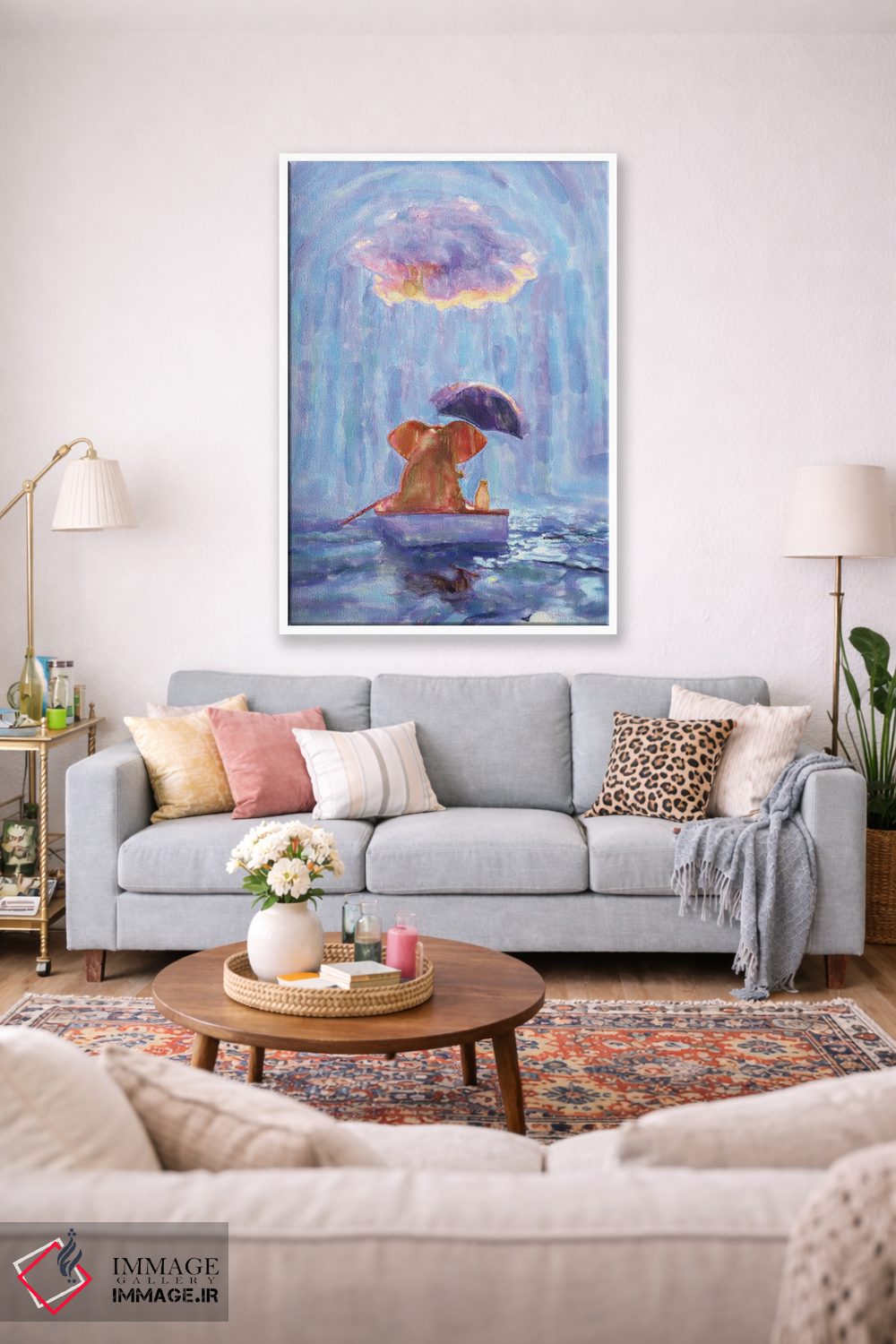 تابلو دکوراتیو یک فیل و یک سگ در قایقی در باران شناورند ۱ اثر مایک کیف - D1W