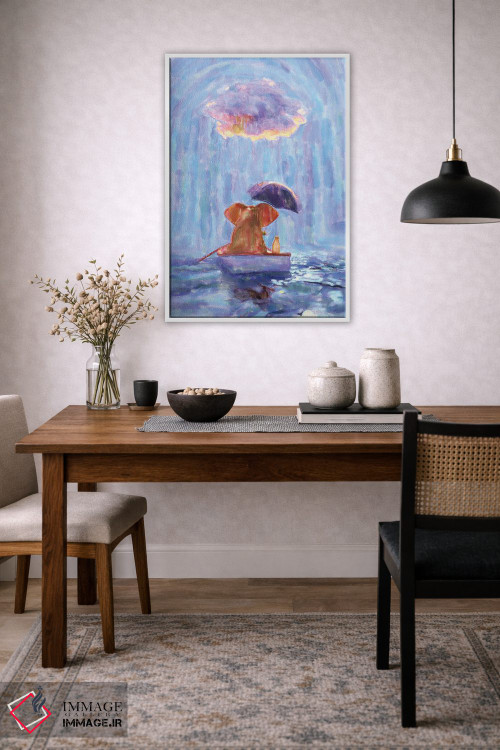 تابلو دکوراتیو یک فیل و یک سگ در قایقی در باران شناورند ۱ اثر مایک کیف - D2W