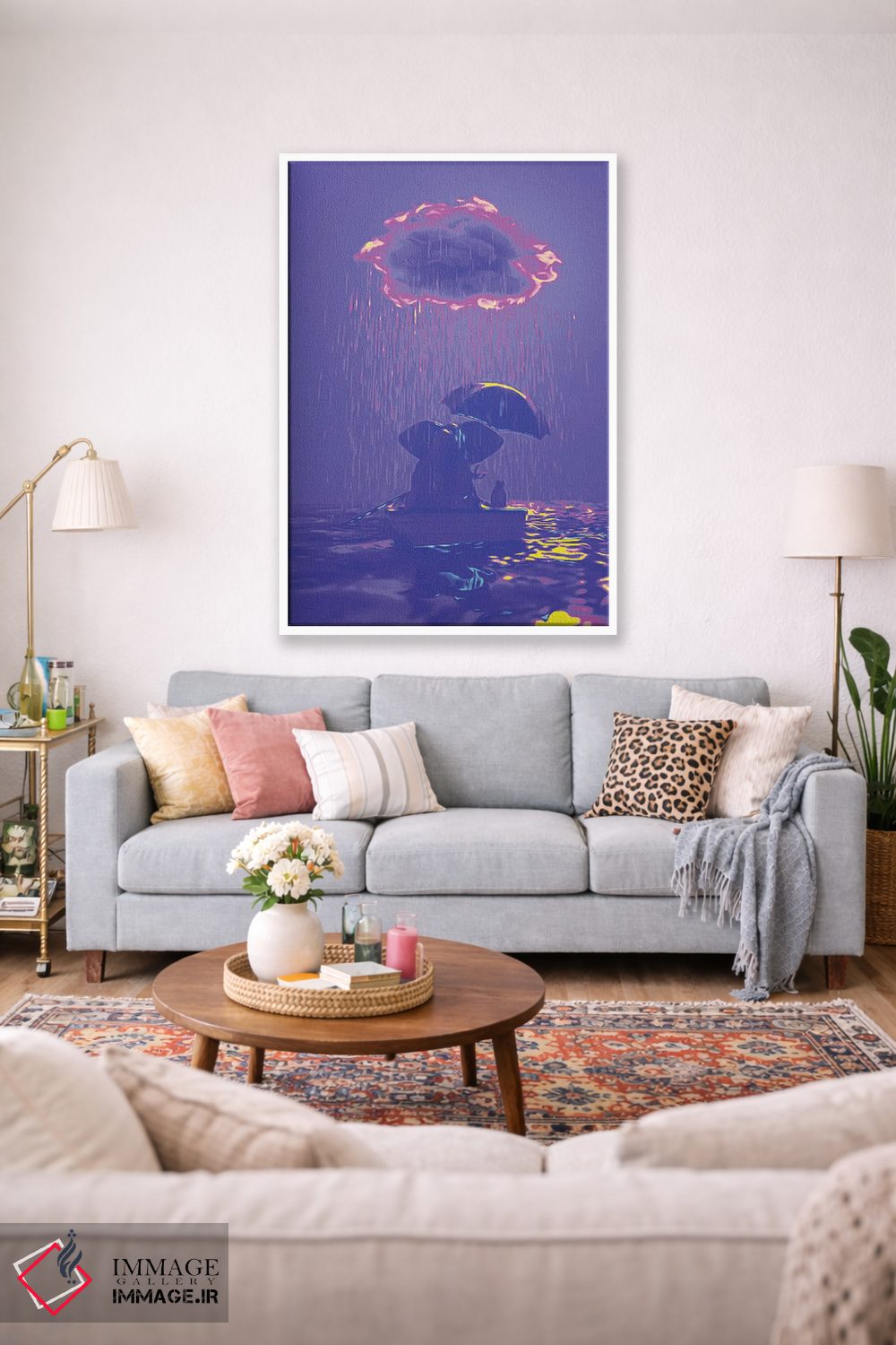 تابلو دکوراتیو یک فیل و یک سگ در قایقی در باران شناورند ۴ اثر مایک کیف - D1W