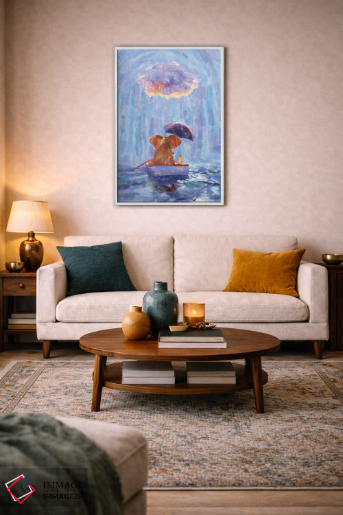 تابلو دکوراتیو یک فیل و یک سگ در قایقی در باران شناورند ۱ اثر مایک کیف - D3W