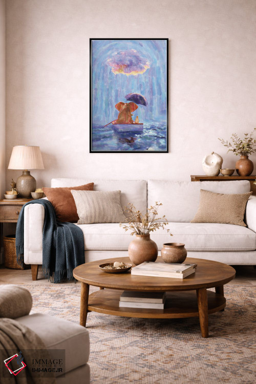 تابلو دکوراتیو یک فیل و یک سگ در قایقی در باران شناورند ۱ اثر مایک کیف - D4B