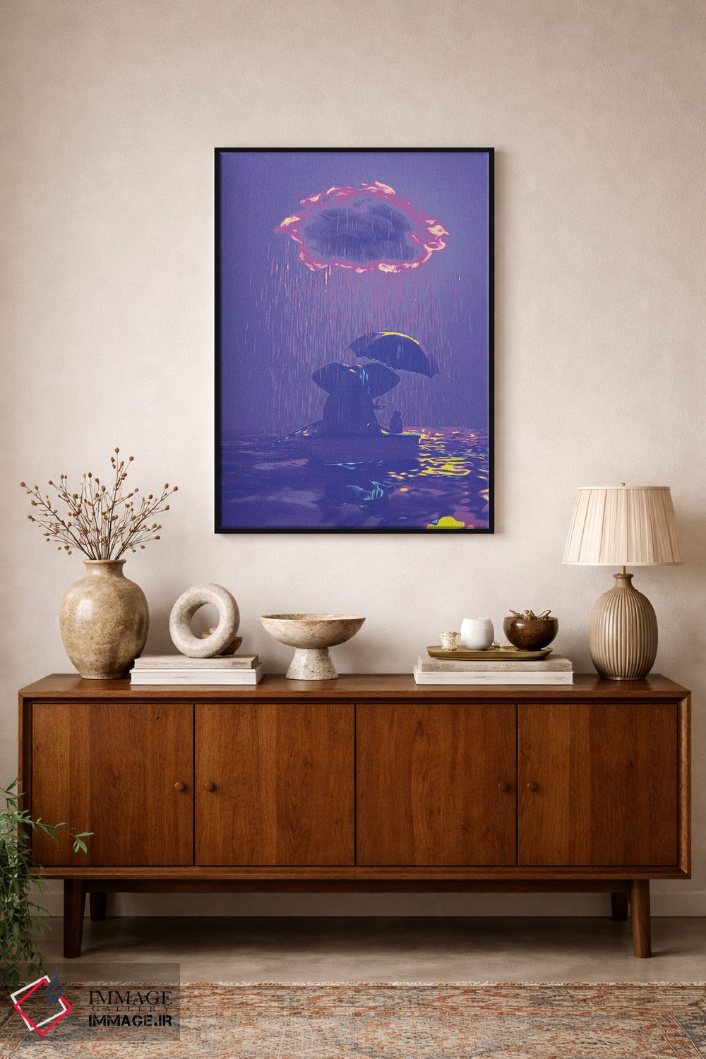 تابلو دکوراتیو یک فیل و یک سگ در قایقی در باران شناورند ۴ اثر مایک کیف - D2B