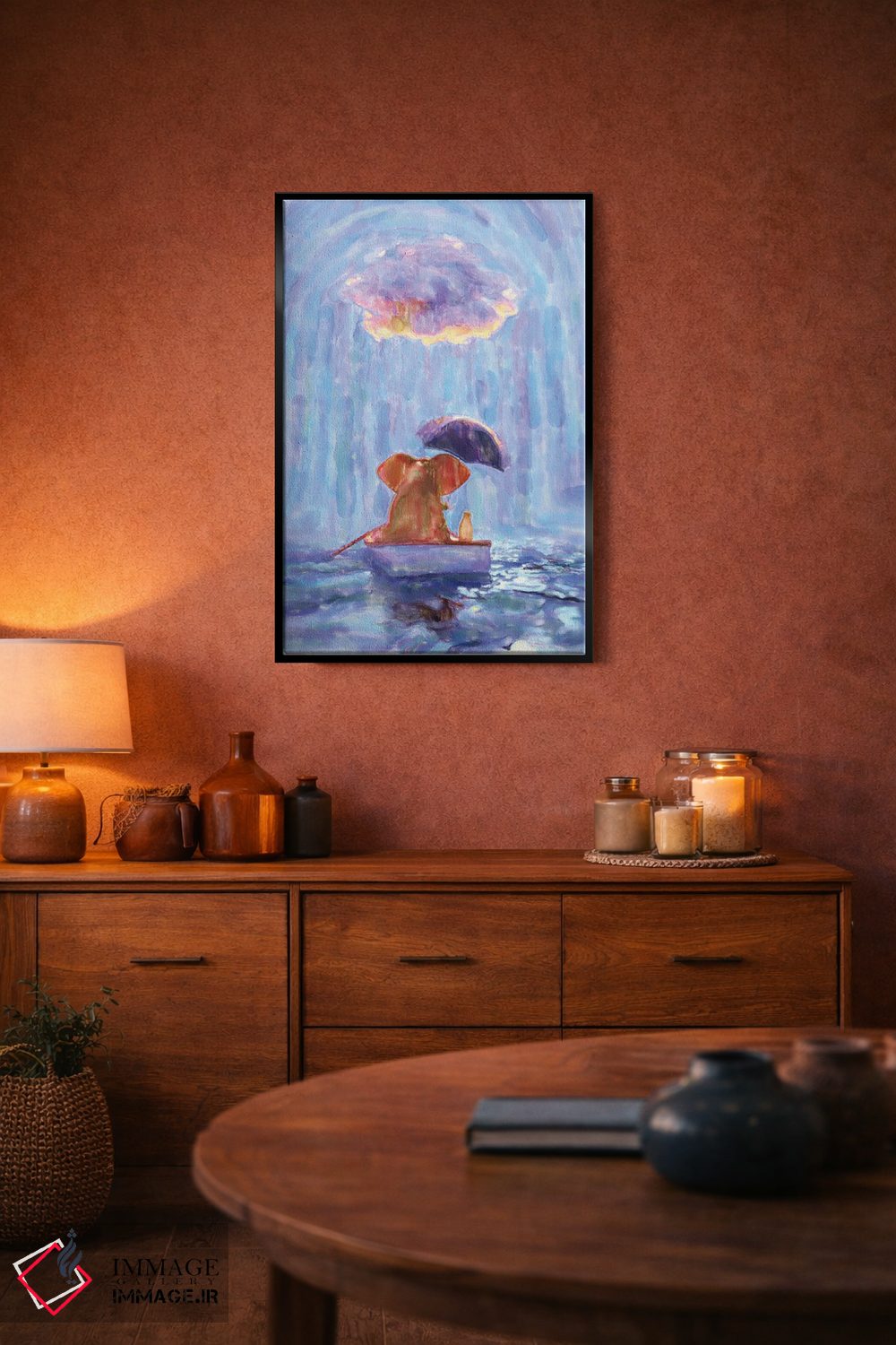 تابلو دکوراتیو یک فیل و یک سگ در قایقی در باران شناورند ۱ اثر مایک کیف - D5B