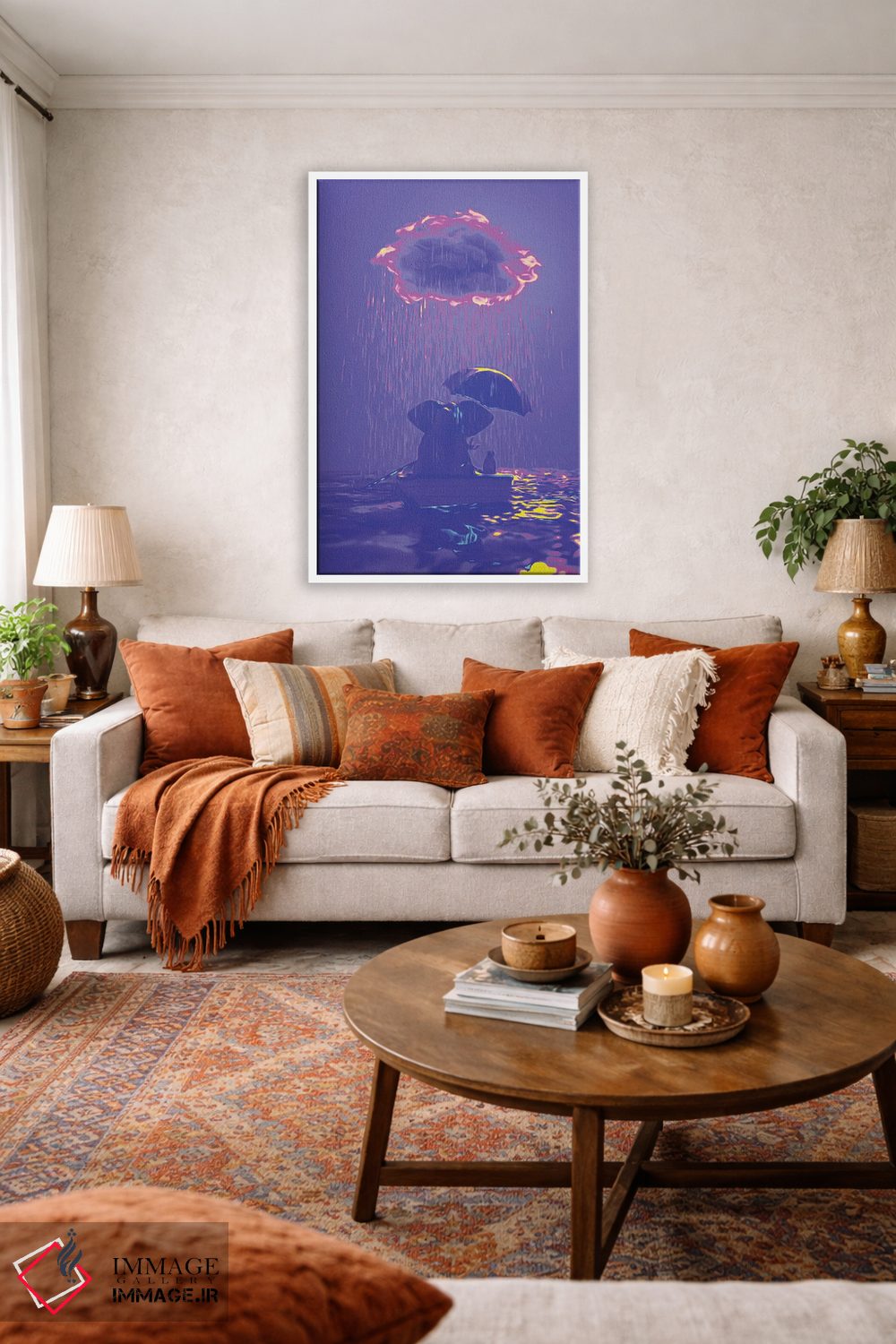 تابلو دکوراتیو یک فیل و یک سگ در قایقی در باران شناورند ۴ اثر مایک کیف - D3W