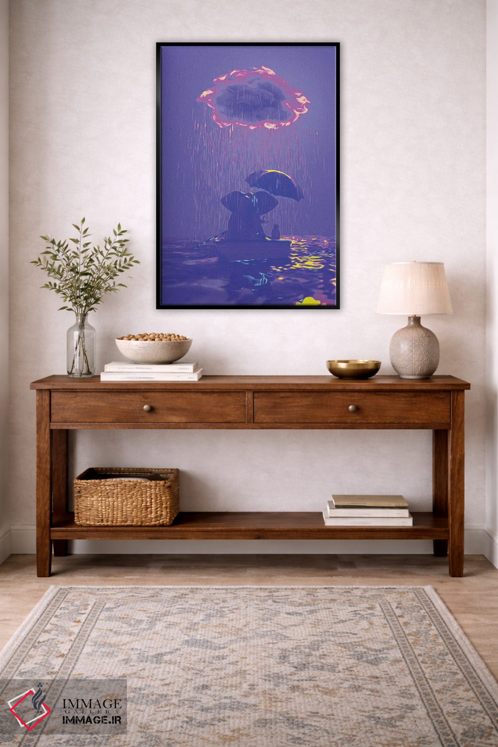 تابلو دکوراتیو یک فیل و یک سگ در قایقی در باران شناورند ۴ اثر مایک کیف - D4B