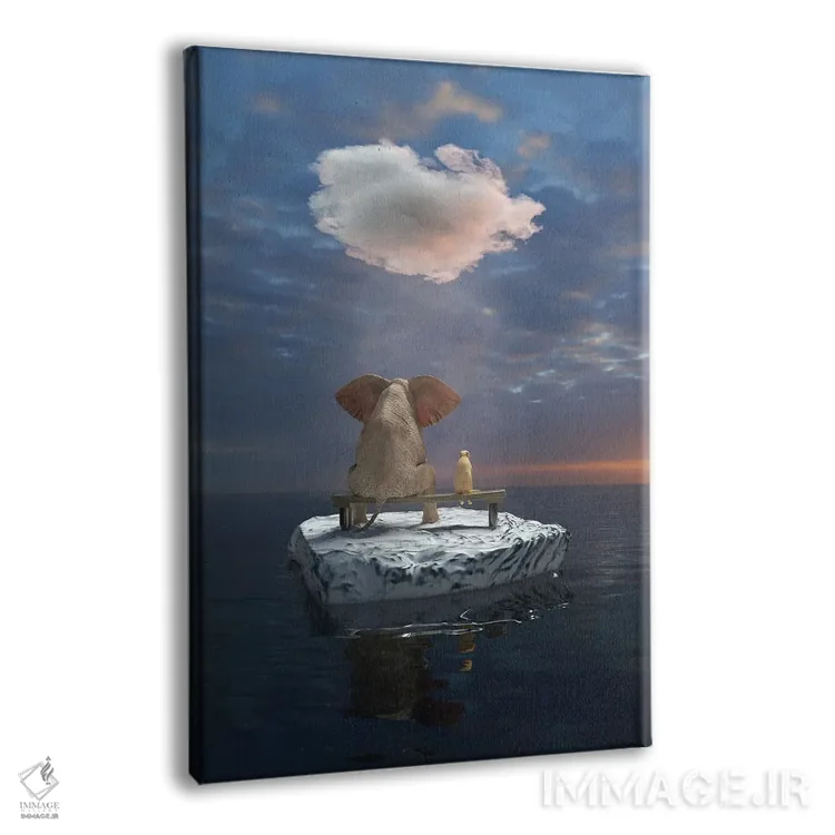 تابلو دکوراتیو یک فیل و یک سگ روی تکه یخ در دریا سفر می کنند اثر مایک کیف - نمای پرسپکتیو محصول