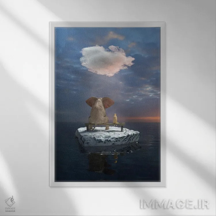 تابلو دکوراتیو یک فیل و یک سگ روی تکه یخ در دریا سفر می کنند اثر مایک کیف - نمای قابدار سفید