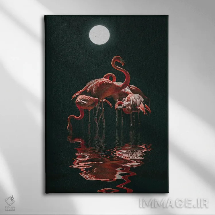 تابلو دکوراتیو فلامینگو در شب مهتابی اثر مایک کیف - نمای روبهرو روی دیوار