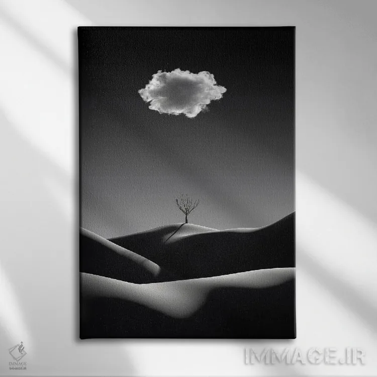تابلو مینیمال منظره مینیمالیستی سیاه و سفید با ابر سفید اثر مایک کیف - نمای روبهرو روی دیوار