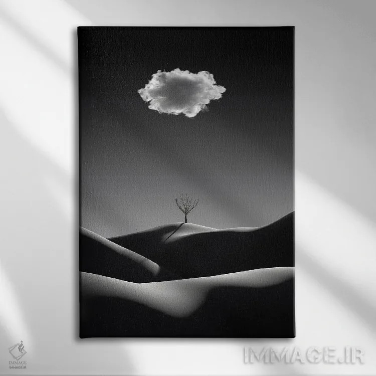 تابلو مینیمال منظره مینیمالیستی سیاه و سفید با ابر سفید اثر مایک کیف - نمای روبهرو روی دیوار