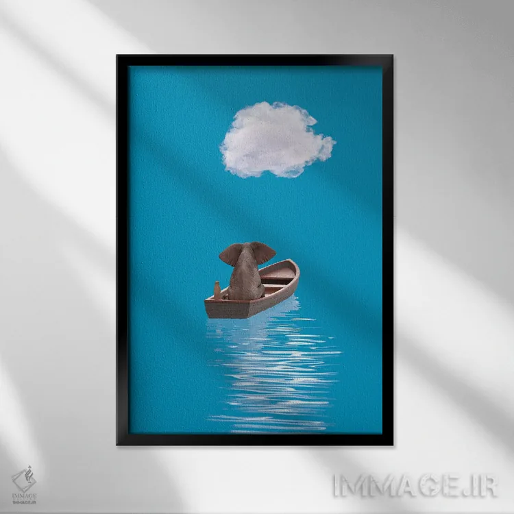 تابلو دکوراتیو فیل و سگ در قایقی در دریای آبی سفر می کنند ۲ اثر مایک کیف - نمای قابدار مشکی