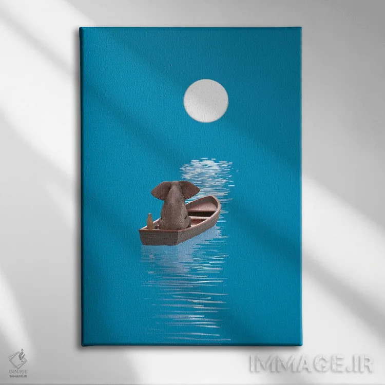 تابلو دکوراتیو فیل و سگ در قایقی در دریای آبی سفر می کنند اثر مایک کیف - نمای روبهرو روی دیوار