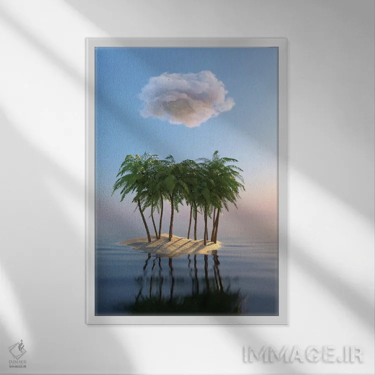 تابلو دکوراتیو جزیره کوچک گرمسیری در دریا اثر مایک کیف - نمای قابدار سفید