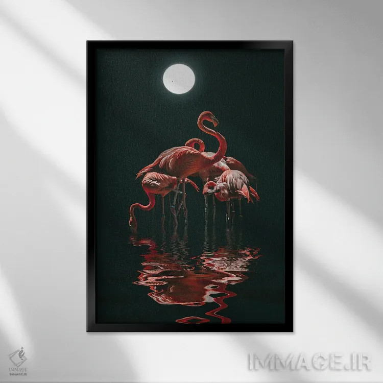 تابلو دکوراتیو فلامینگو در شب مهتابی اثر مایک کیف - نمای قابدار مشکی