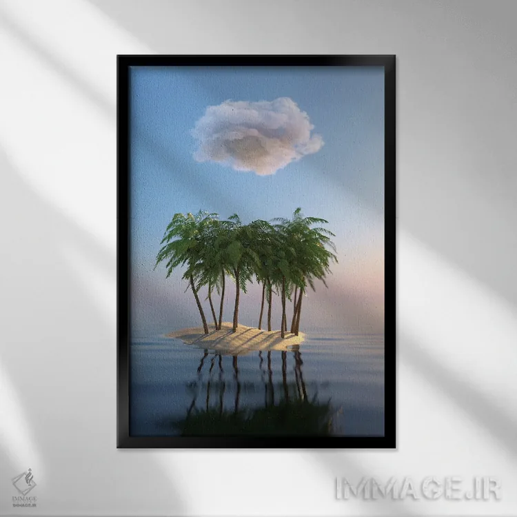 تابلو دکوراتیو جزیره کوچک گرمسیری در دریا اثر مایک کیف - نمای قابدار مشکی