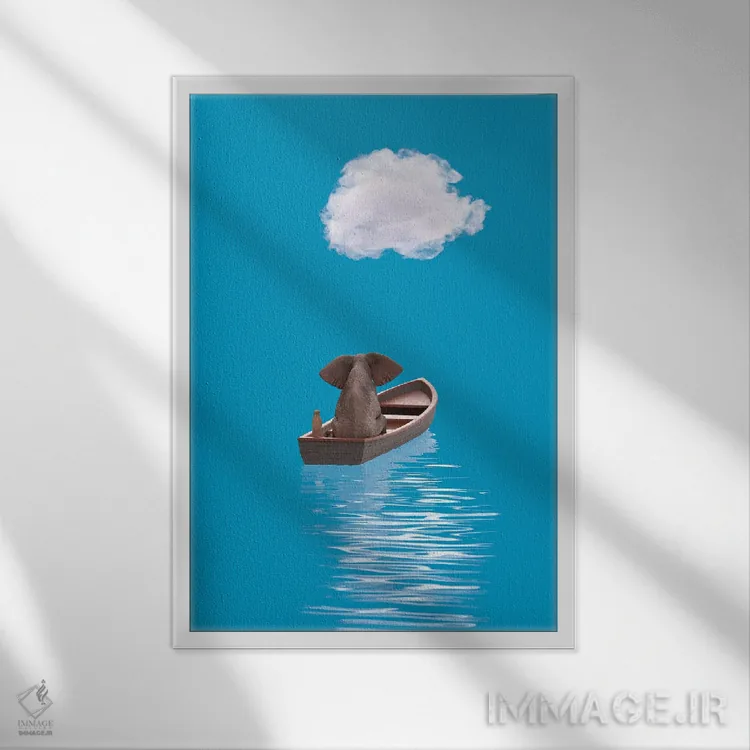 تابلو دکوراتیو فیل و سگ در قایقی در دریای آبی سفر می کنند ۲ اثر مایک کیف - نمای قابدار سفید