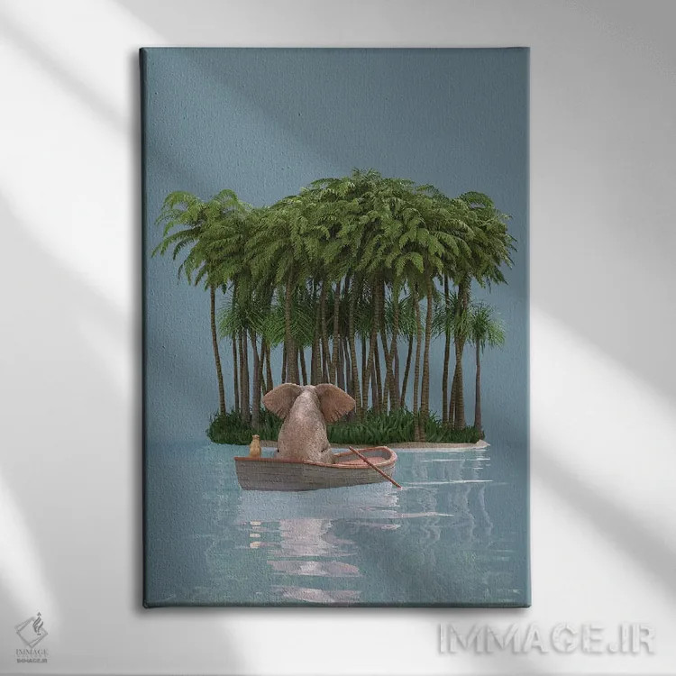 تابلو دکوراتیو فیل و سگ با قایق به جزیره می روند اثر مایک کیف - نمای روبهرو روی دیوار