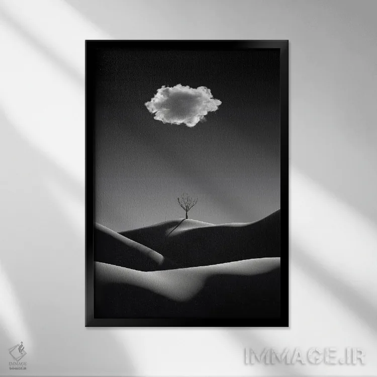 تابلو مینیمال منظره مینیمالیستی سیاه و سفید با ابر سفید اثر مایک کیف - نمای قابدار مشکی