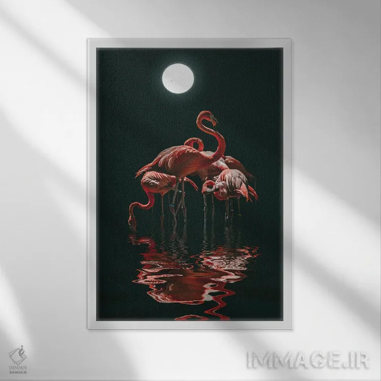 تابلو دکوراتیو فلامینگو در شب مهتابی اثر مایک کیف - نمای قابدار سفید