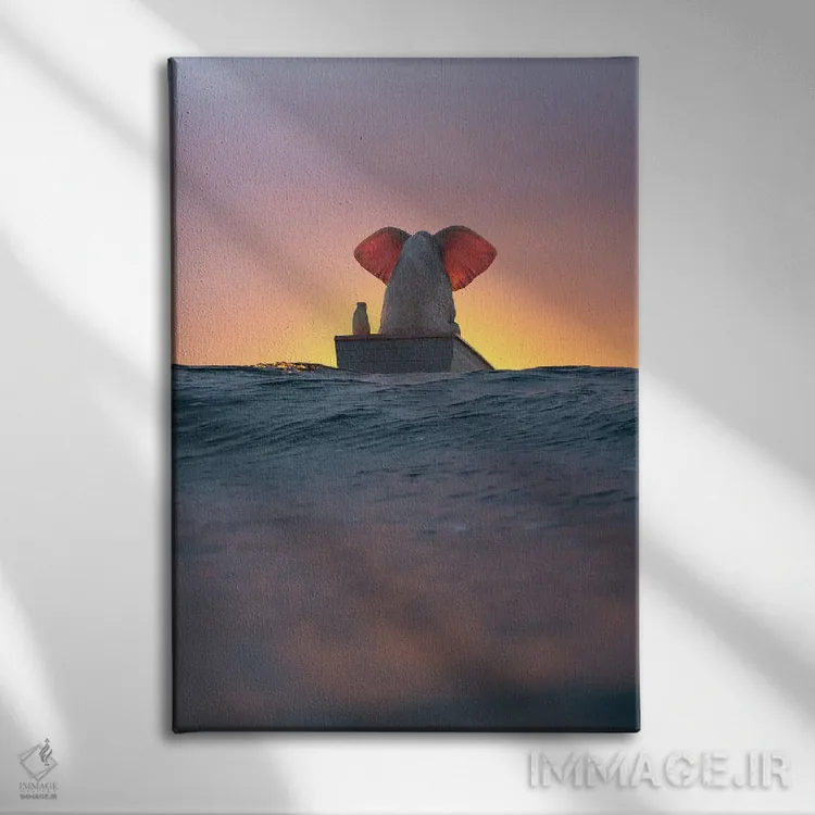 تابلو دکوراتیو فیل و سگ با قایق روی موج های دریا اثر مایک کیف - نمای روبهرو روی دیوار