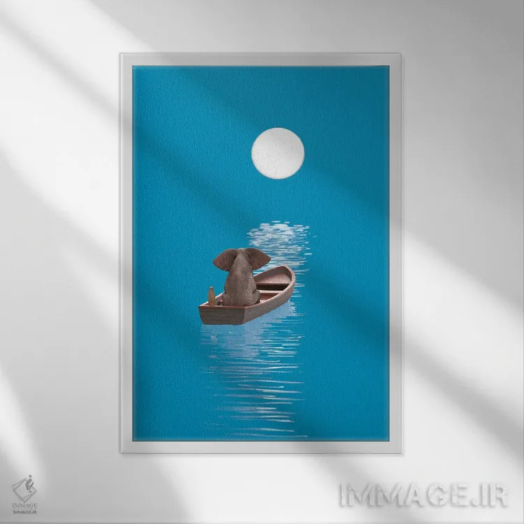 تابلو دکوراتیو فیل و سگ در قایقی در دریای آبی سفر می کنند اثر مایک کیف - نمای قابدار سفید