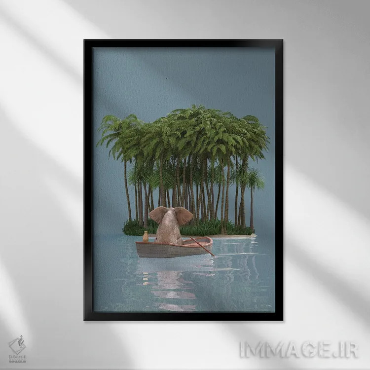 تابلو دکوراتیو فیل و سگ با قایق به جزیره می روند اثر مایک کیف - نمای قابدار مشکی