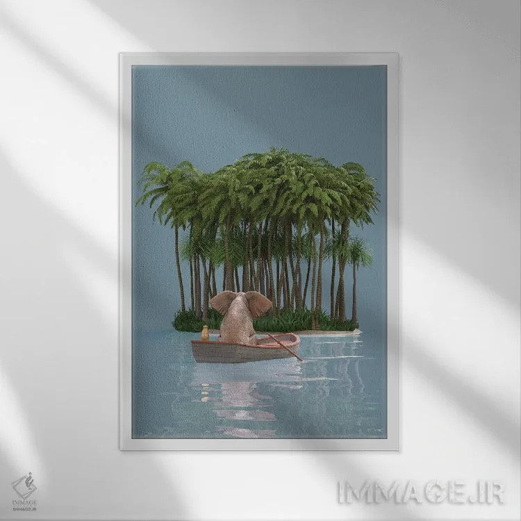 تابلو دکوراتیو فیل و سگ با قایق به جزیره می روند اثر مایک کیف - نمای قابدار سفید