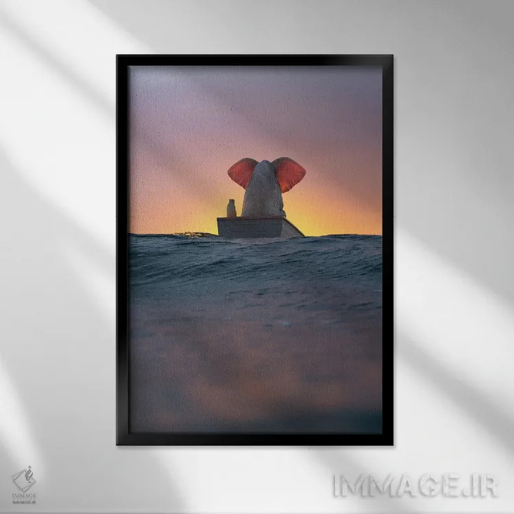 تابلو دکوراتیو فیل و سگ با قایق روی موج های دریا اثر مایک کیف - نمای قابدار مشکی