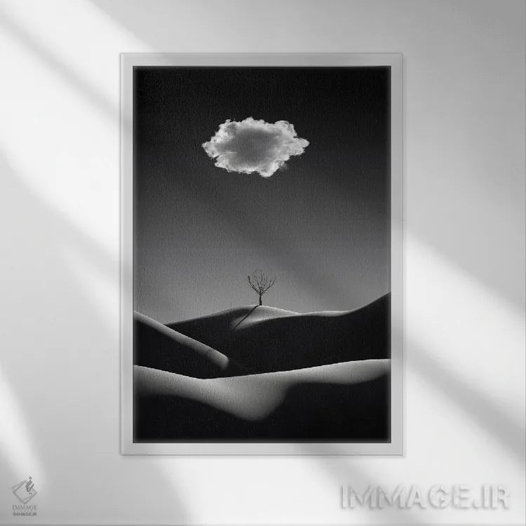 تابلو مینیمال منظره مینیمالیستی سیاه و سفید با ابر سفید اثر مایک کیف - نمای قابدار سفید