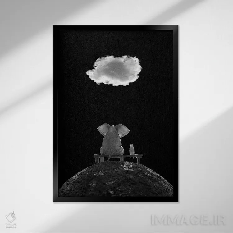 تابلو دکوراتیو فیل و سگ روی کوه نشسته و به ابر نگاه می کنند اثر مایک کیف - نمای قابدار مشکی