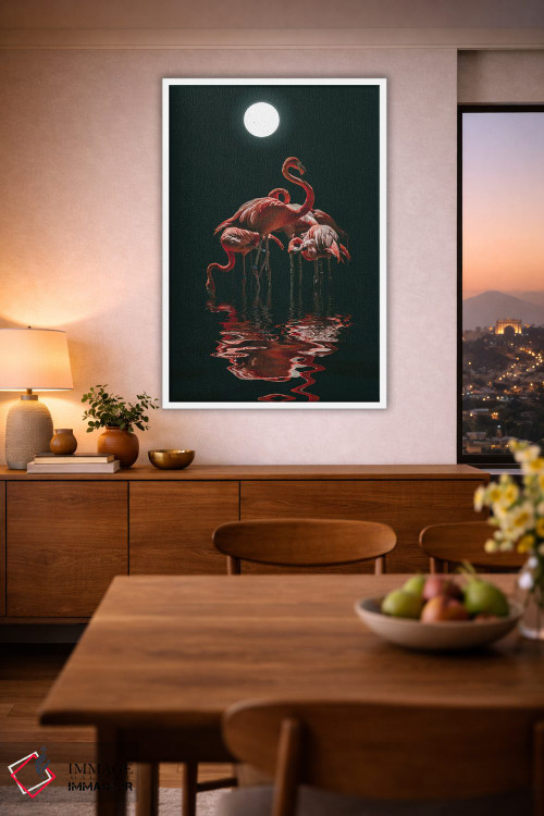 تابلو دکوراتیو فلامینگو در شب مهتابی اثر مایک کیف - D1W
