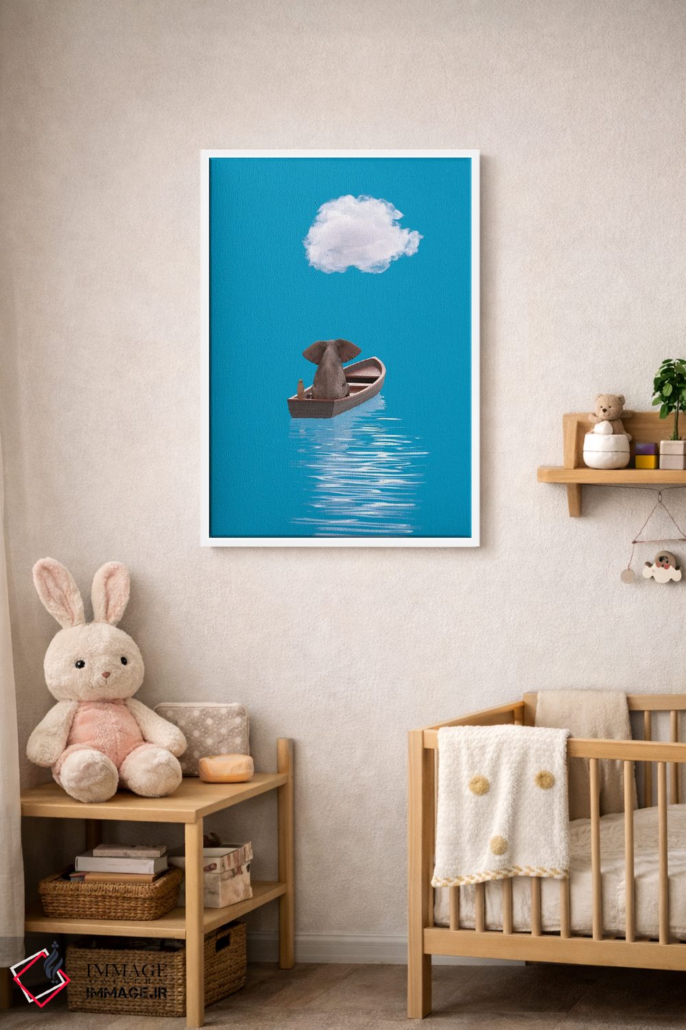 تابلو دکوراتیو فیل و سگ در قایقی در دریای آبی سفر می کنند ۲ اثر مایک کیف - D3W