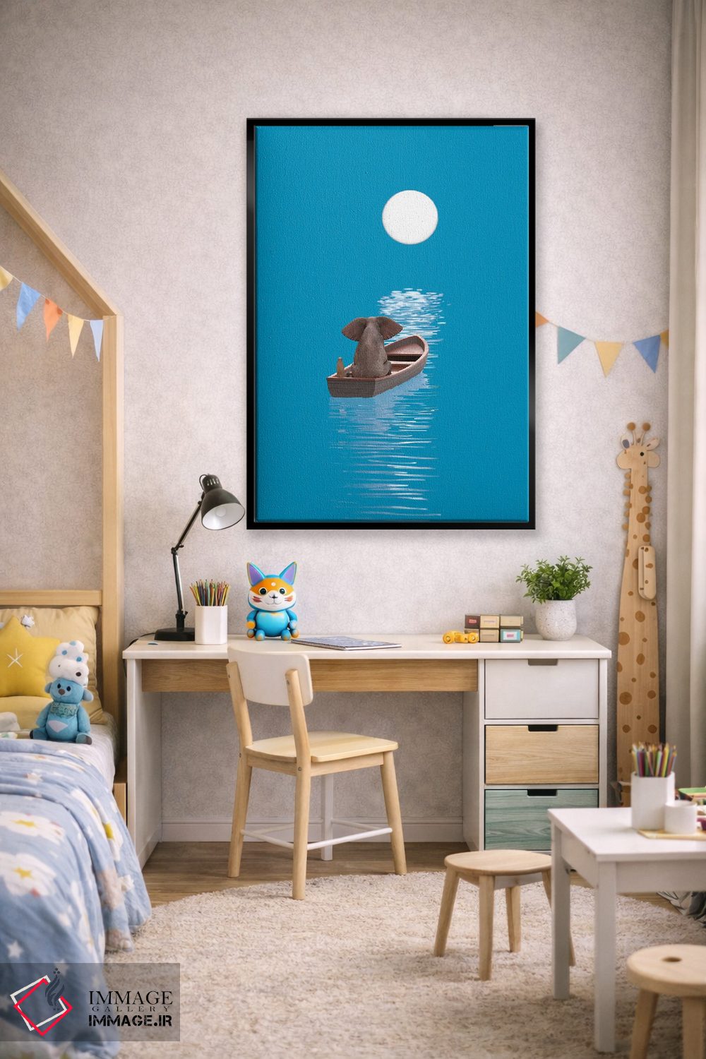 تابلو دکوراتیو فیل و سگ در قایقی در دریای آبی سفر می کنند اثر مایک کیف - D2B