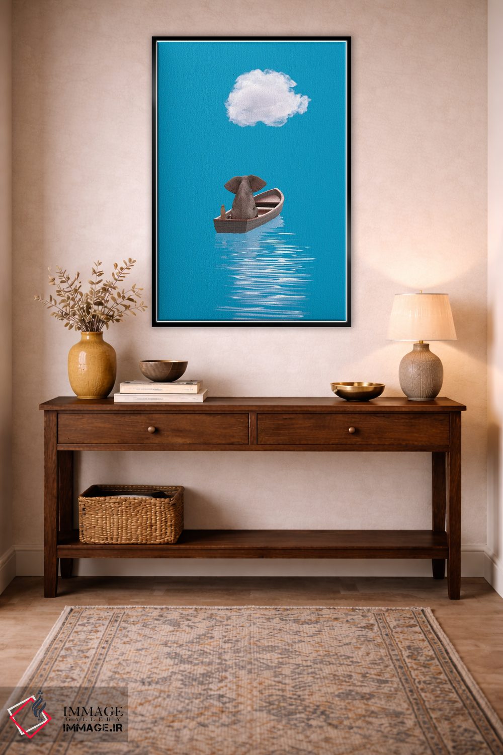 تابلو دکوراتیو فیل و سگ در قایقی در دریای آبی سفر می کنند ۲ اثر مایک کیف - D6B