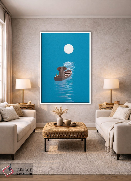 تابلو دکوراتیو فیل و سگ در قایقی در دریای آبی سفر می کنند اثر مایک کیف - D1W